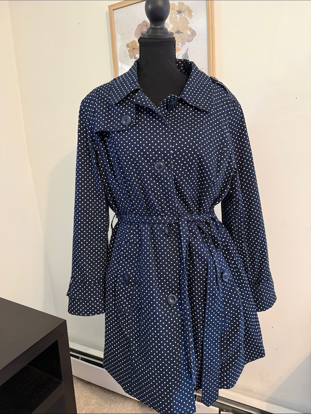 London Fog Navy and White Polka Dot Trench Dress with Belt